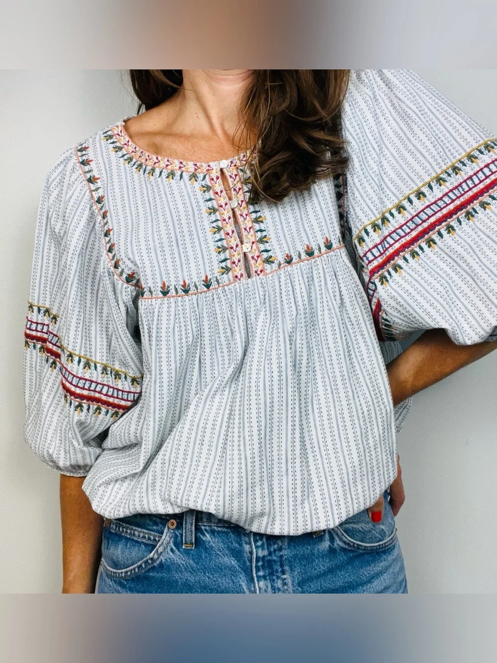Zara TRF Embroidered Striped Peasant Blouse – Boho Blue & White – XL